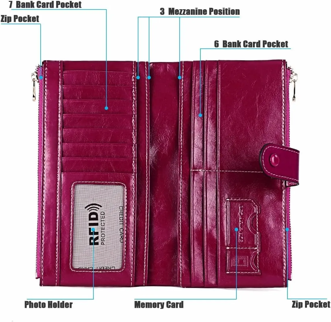 Leather Wallet Pu Leather Women's Wallet Large Capacity Long Purse Clutch Ladies Fashion Coin Pocket Birthday Large Capacity (Red,10.5X19.5cm)