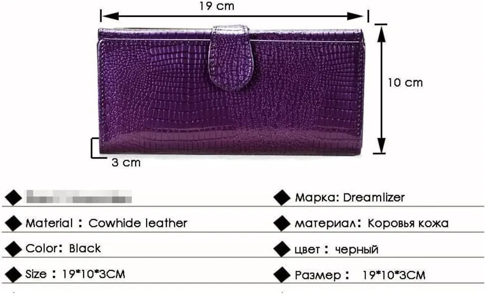 Leather Wallet Pu Leather Women's Wallet Retro Crocodile Tri-fold Purse Clutch Ladies Long Zipper Large Capacity Coin Pocket Large Capacity (Red,10x19cm)