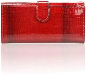 Leather Wallet Pu Leather Women's Wallet Retro Crocodile Tri-fold Purse Clutch Ladies Long Zipper Large Capacity Coin Pocket Large Capacity (Red,10x19cm)