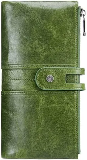 Leather Wallet PU Leather Women's Wallet Retro Long Large Capacity Zipper Purse Clutch Girls Fashion Coin Pocket Birthday Large Capacity (Green,19.5x9.5cm)