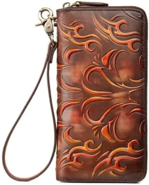 Leather Wallet Women's Wallet Large Capacity Long Purse Clutch Natural Pattern Vintage Coin Pocket Ladies Birthday Large Capacity (Brown,10x19cm)