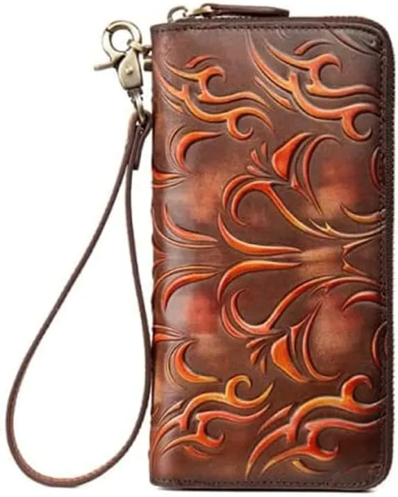 Leather Wallet Women's Wallet Large Capacity Long Purse Clutch Natural Pattern Vintage Coin Pocket Ladies Birthday Large Capacity (Brown,10x19cm)