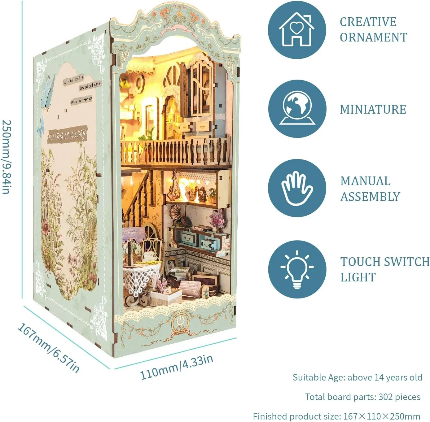 LED Book Nook Kit DIY Miniature Dollhouse Kit 3D Puzzle Wooden Bookends Toy for Teenagers Gift Model Kits Room Decoration - Garden Book Nook - Book Nook Kits for Adults (Pastoral Diary) SQ-09