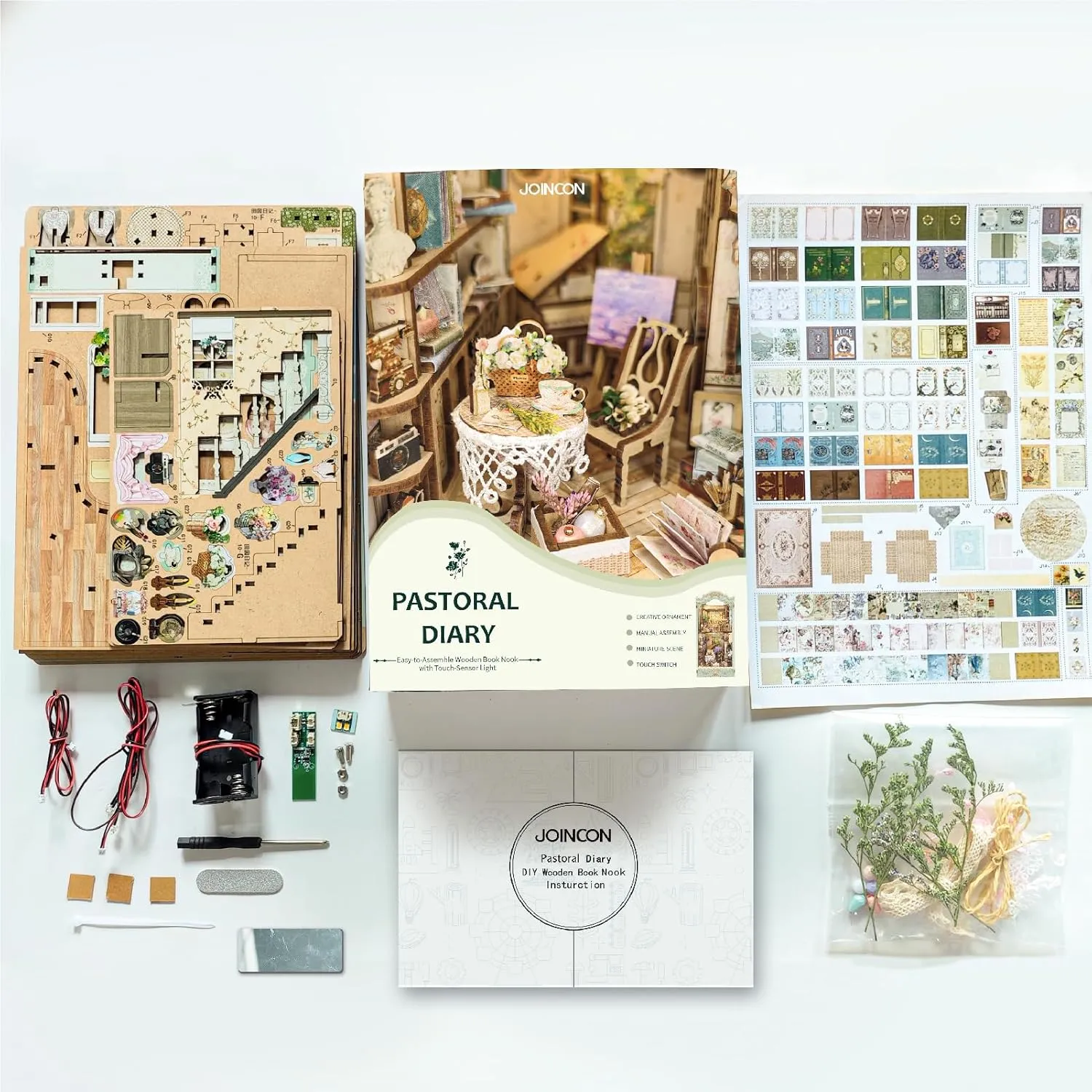 LED Book Nook Kit DIY Miniature Dollhouse Kit 3D Puzzle Wooden Bookends Toy for Teenagers Gift Model Kits Room Decoration - Garden Book Nook - Book Nook Kits for Adults (Pastoral Diary) SQ-09