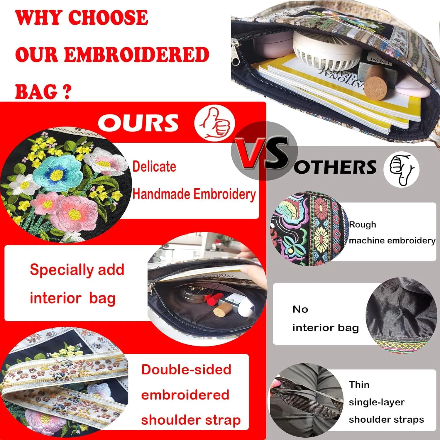 Leimandy Boho Embroidered Crossbody Bag 11 * 11 Inches Double Side Strap Built-in Pocket Ethnic Bags L6
