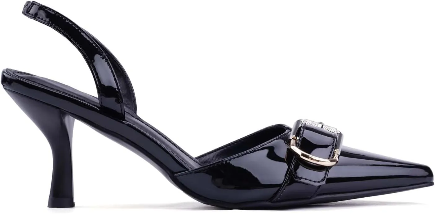 Leopard Kitten Heels Pointed Toe Slingback Heels for Women Closed Toe Pumps with Buckle