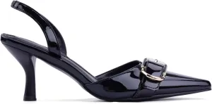Leopard Kitten Heels Pointed Toe Slingback Heels for Women Closed Toe Pumps with Buckle