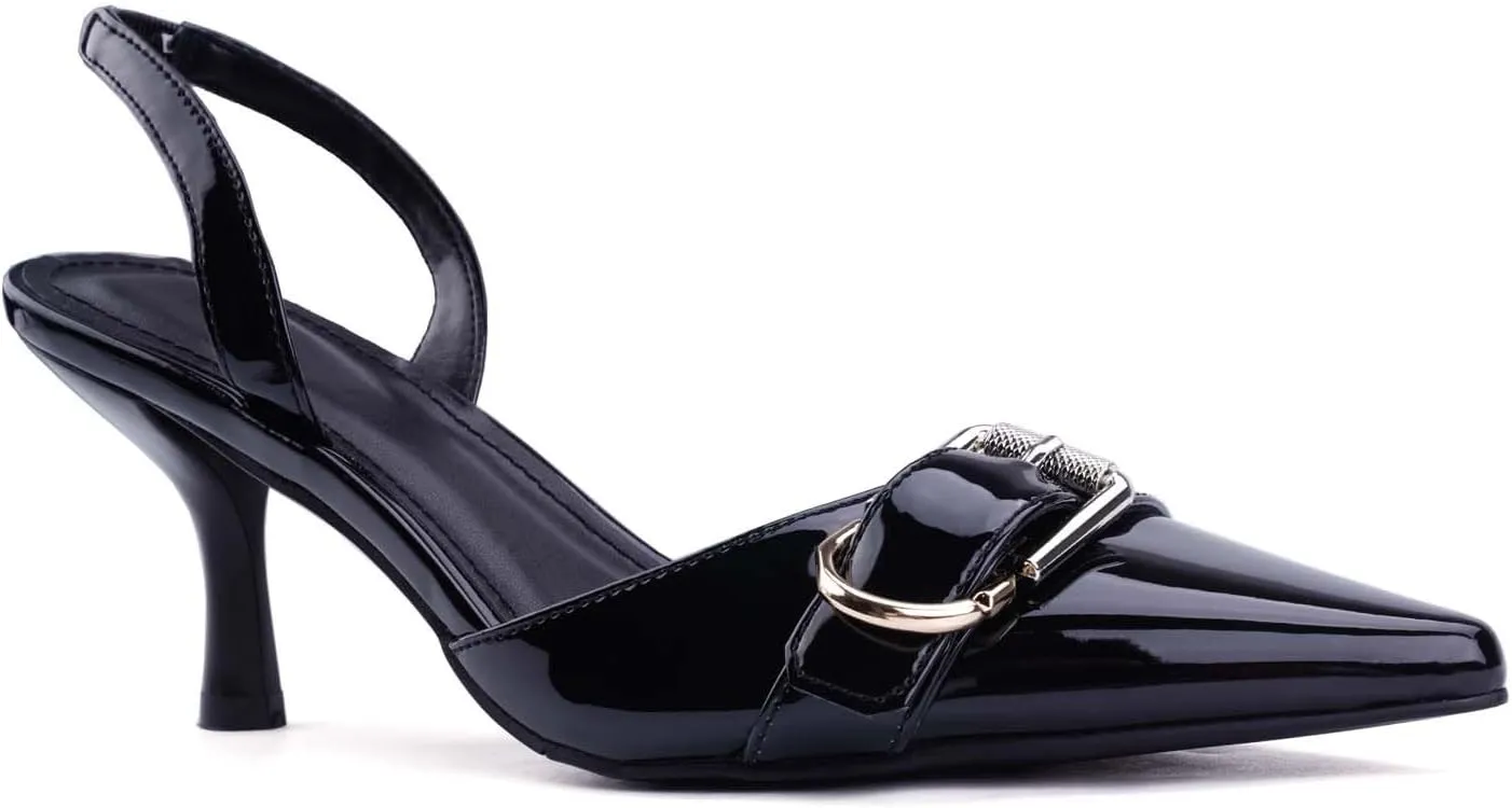 Leopard Kitten Heels Pointed Toe Slingback Heels for Women Closed Toe Pumps with Buckle