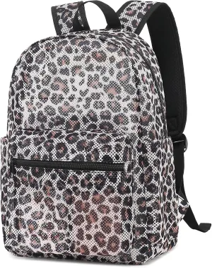 Leopard Mesh Backpack for Girls Women, Semi-Transparent Kids School Backpack College Bookbag for Beach Gym Travel