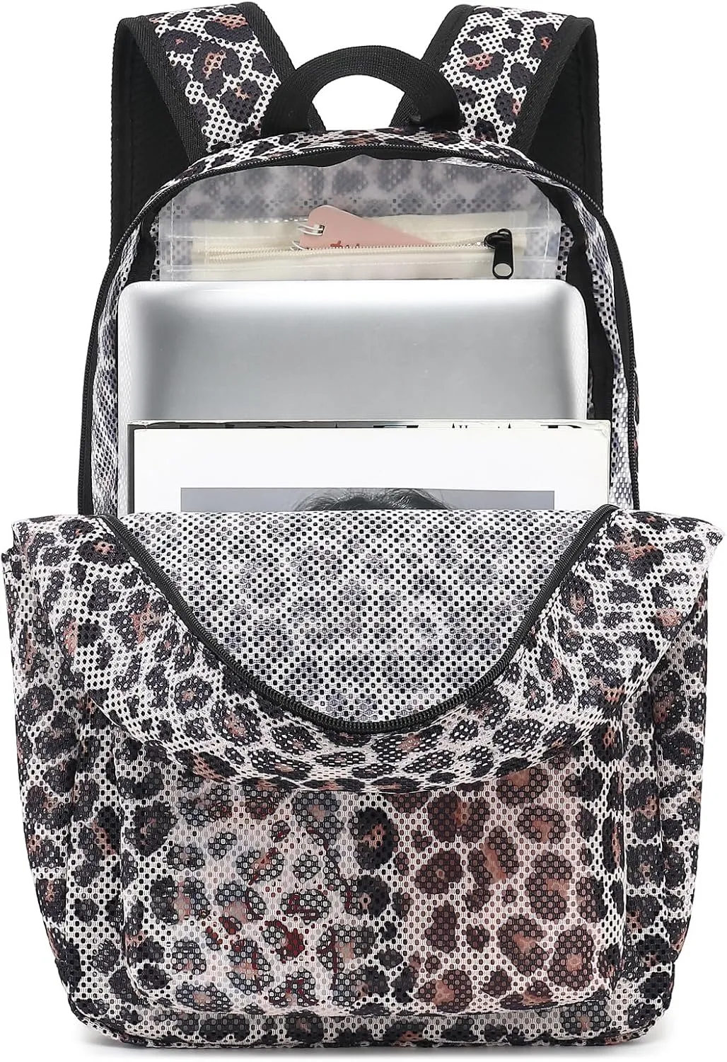 Leopard Mesh Backpack for Girls Women, Semi-Transparent Kids School Backpack College Bookbag for Beach Gym Travel