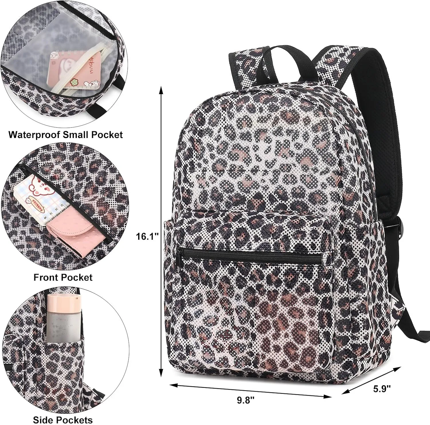Leopard Mesh Backpack for Girls Women, Semi-Transparent Kids School Backpack College Bookbag for Beach Gym Travel