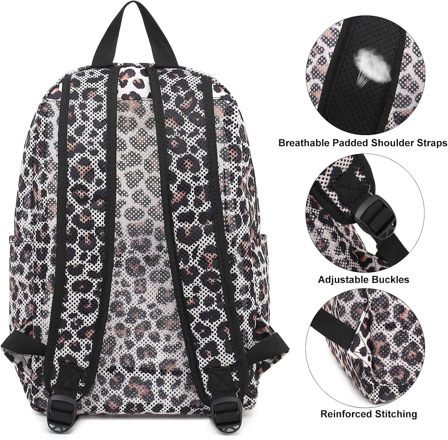 Leopard Mesh Backpack for Girls Women, Semi-Transparent Kids School Backpack College Bookbag for Beach Gym Travel