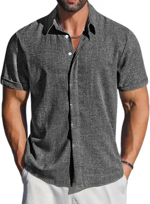 LETSEE Men's Linen Shirts Short Sleeve Button Down Casual Dress Shirts for Men Beach Vacation Shirt Fashion Summer Clothes