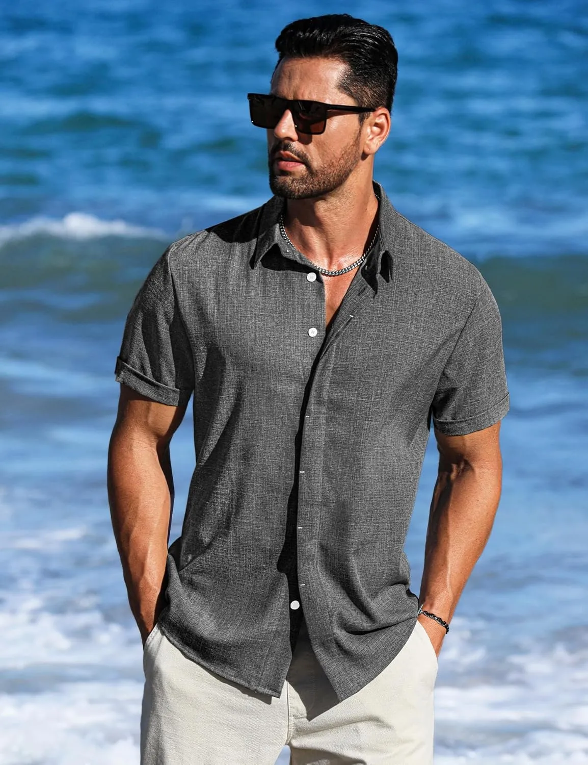 LETSEE Men's Linen Shirts Short Sleeve Button Down Casual Dress Shirts for Men Beach Vacation Shirt Fashion Summer Clothes