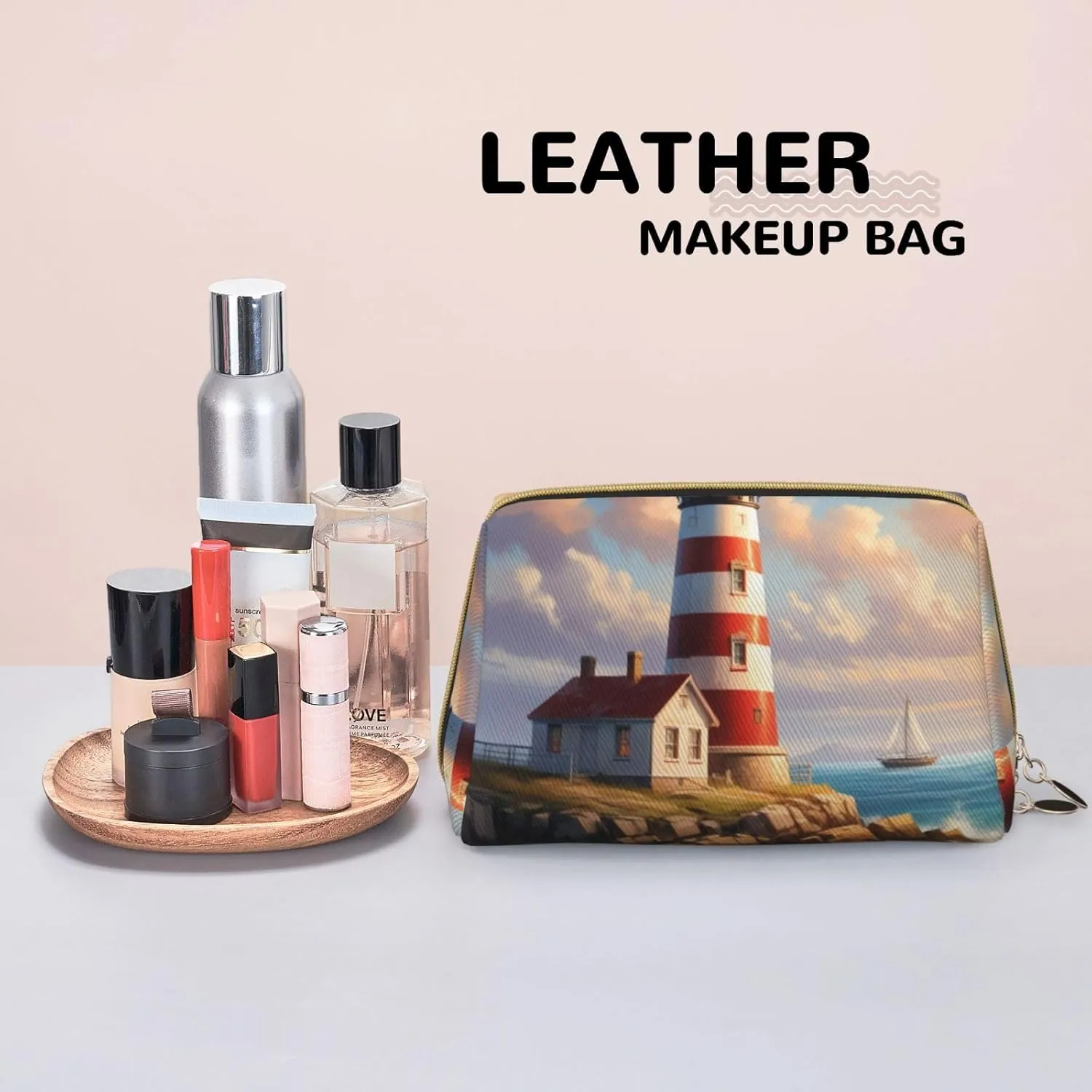 Lighthouse Backdrop Printed Small Makeup Bag,Travel Cosmetic Bag Purse with Zipper,Water-resistant Makeup Organizer Bag for Women