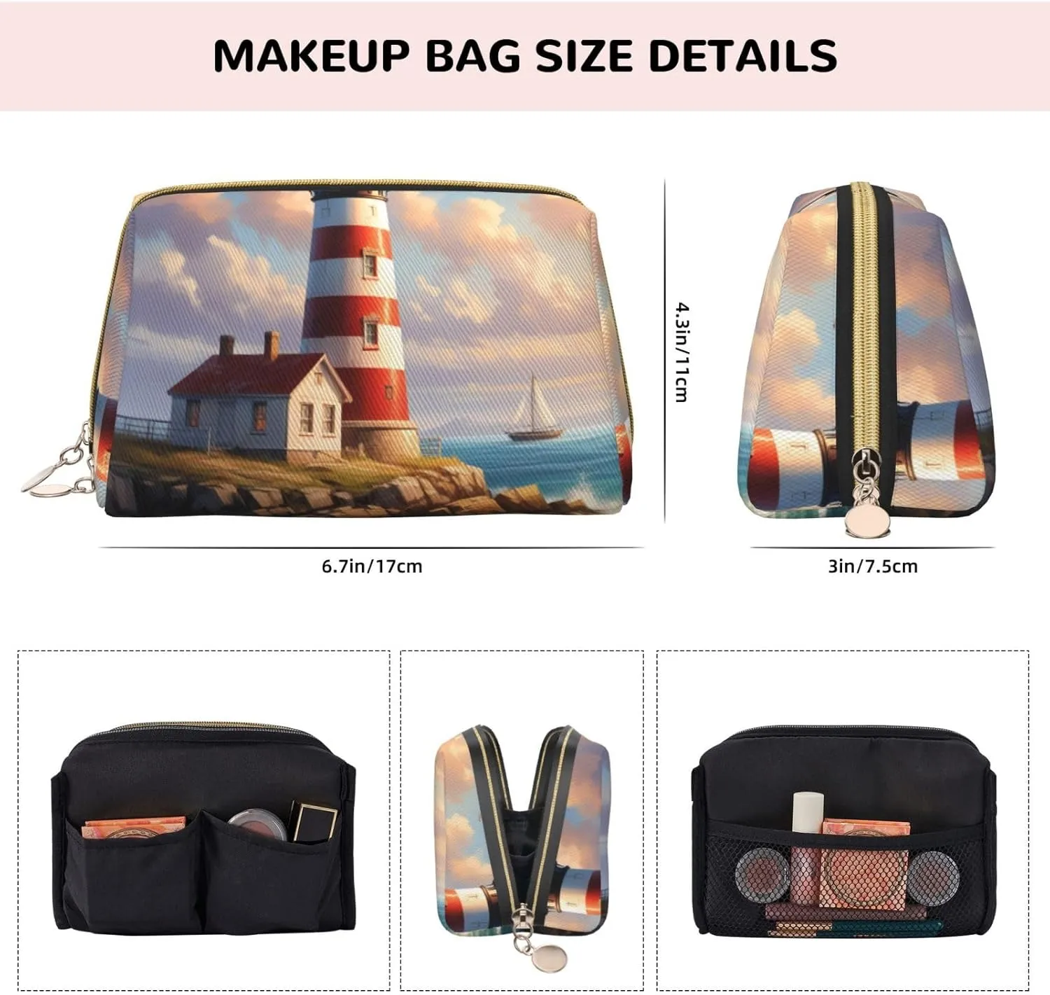 Lighthouse Backdrop Printed Small Makeup Bag,Travel Cosmetic Bag Purse with Zipper,Water-resistant Makeup Organizer Bag for Women