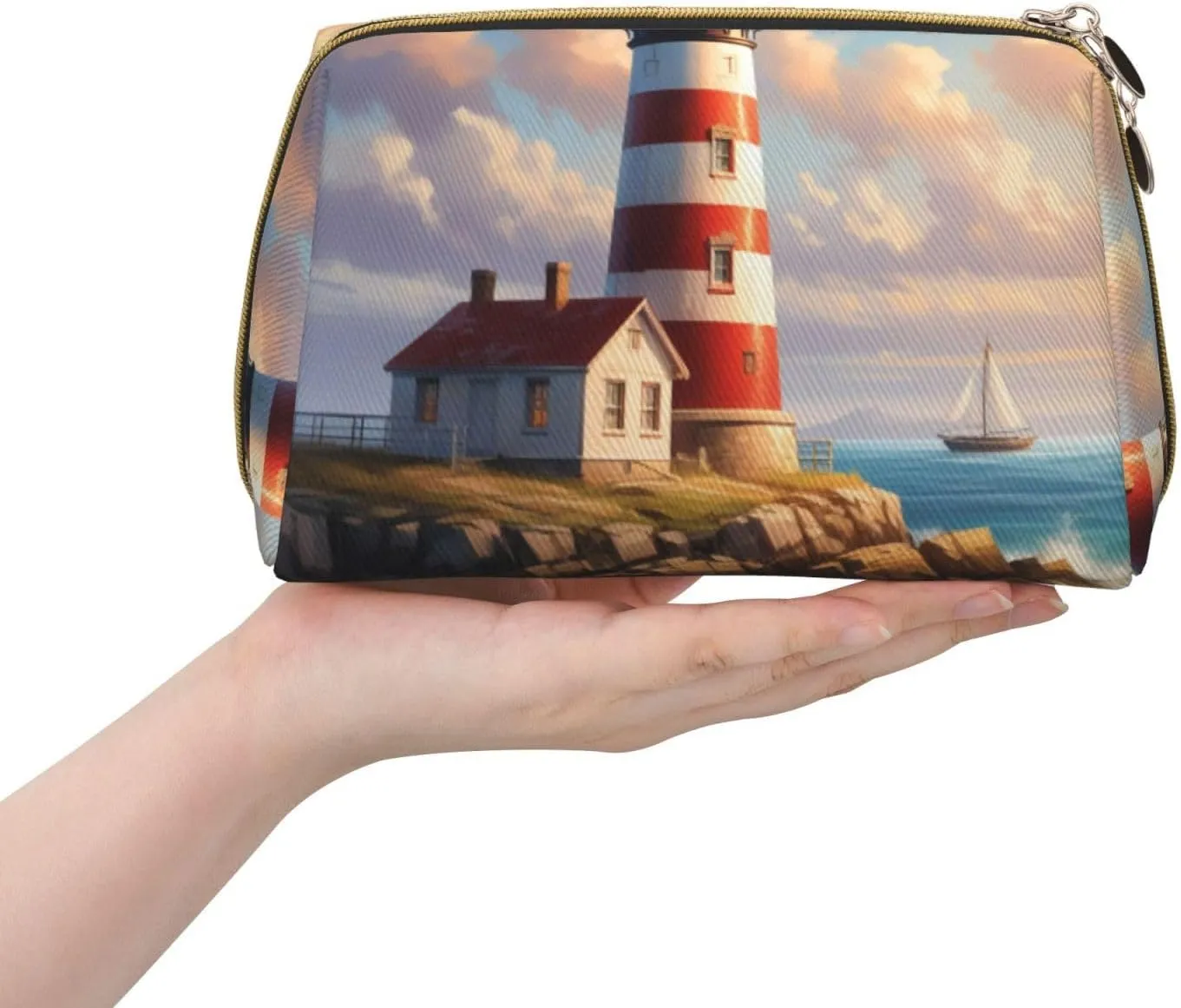 Lighthouse Backdrop Printed Small Makeup Bag,Travel Cosmetic Bag Purse with Zipper,Water-resistant Makeup Organizer Bag for Women