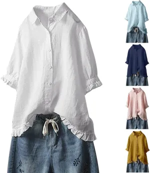 Linen Button Down Shirt Women Short Sleeve Collared Blouse Fashion Solid Color Loose Shirts Dressy Casual