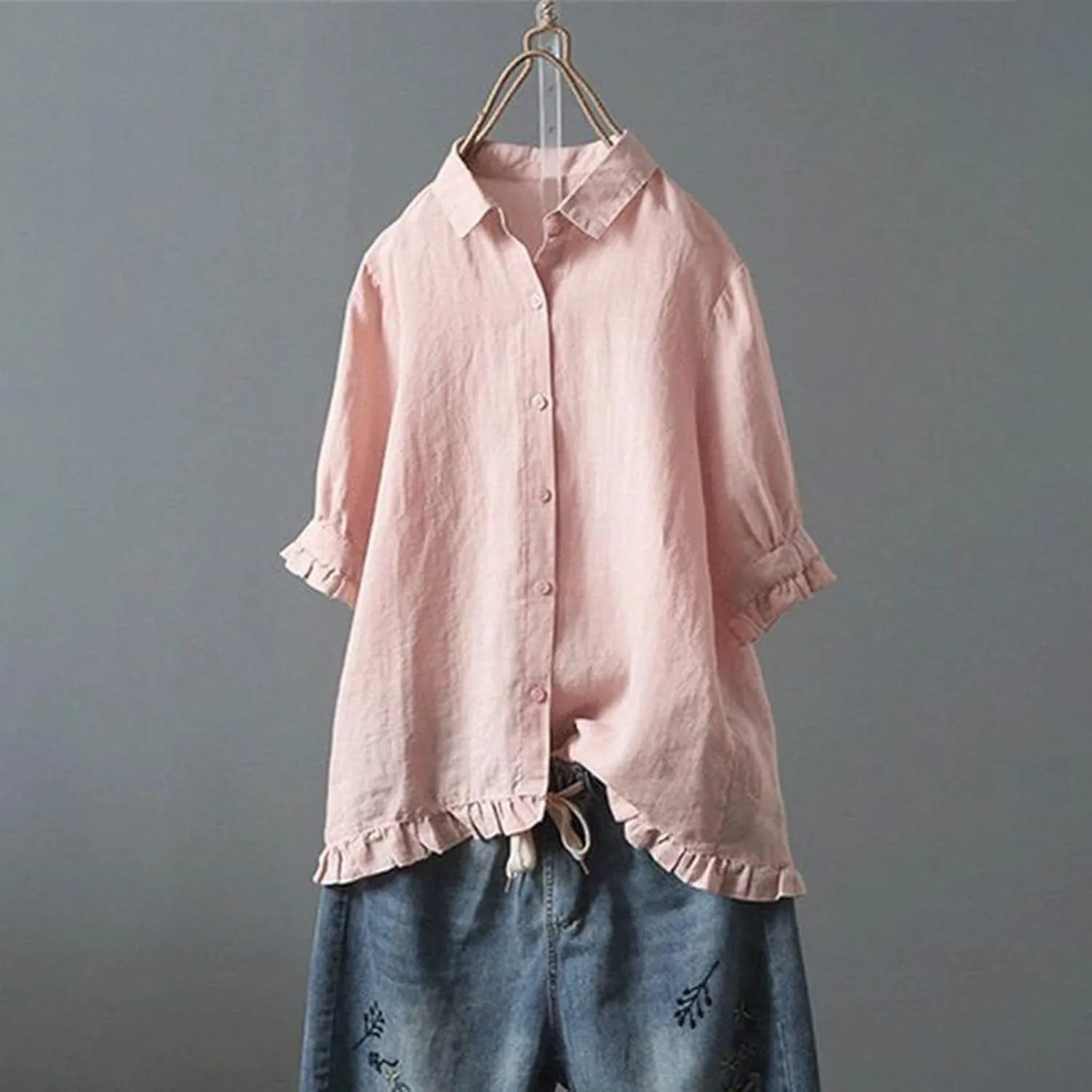 Linen Button Down Shirt Women Short Sleeve Collared Blouse Fashion Solid Color Loose Shirts Dressy Casual