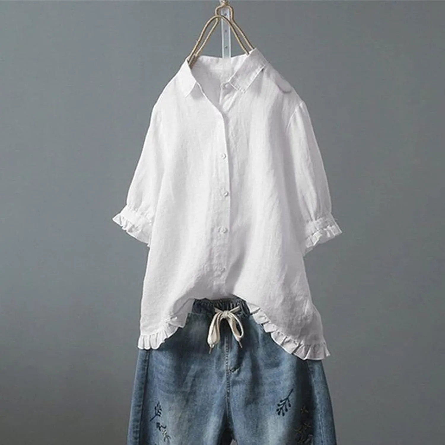 Linen Button Down Shirt Women Short Sleeve Collared Blouse Fashion Solid Color Loose Shirts Dressy Casual