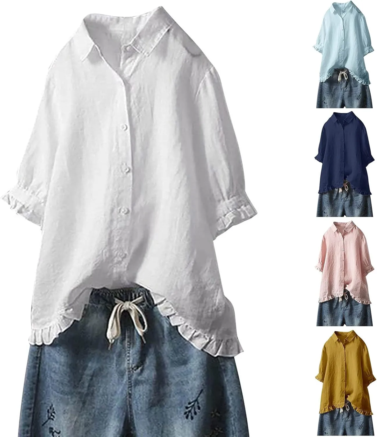 Linen Button Down Shirt Women Short Sleeve Collared Blouse Fashion Solid Color Loose Shirts Dressy Casual