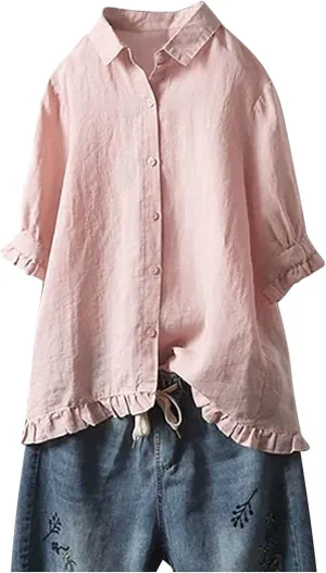 Linen Button Down Shirt Women Short Sleeve Collared Blouse Fashion Solid Color Loose Shirts Dressy Casual