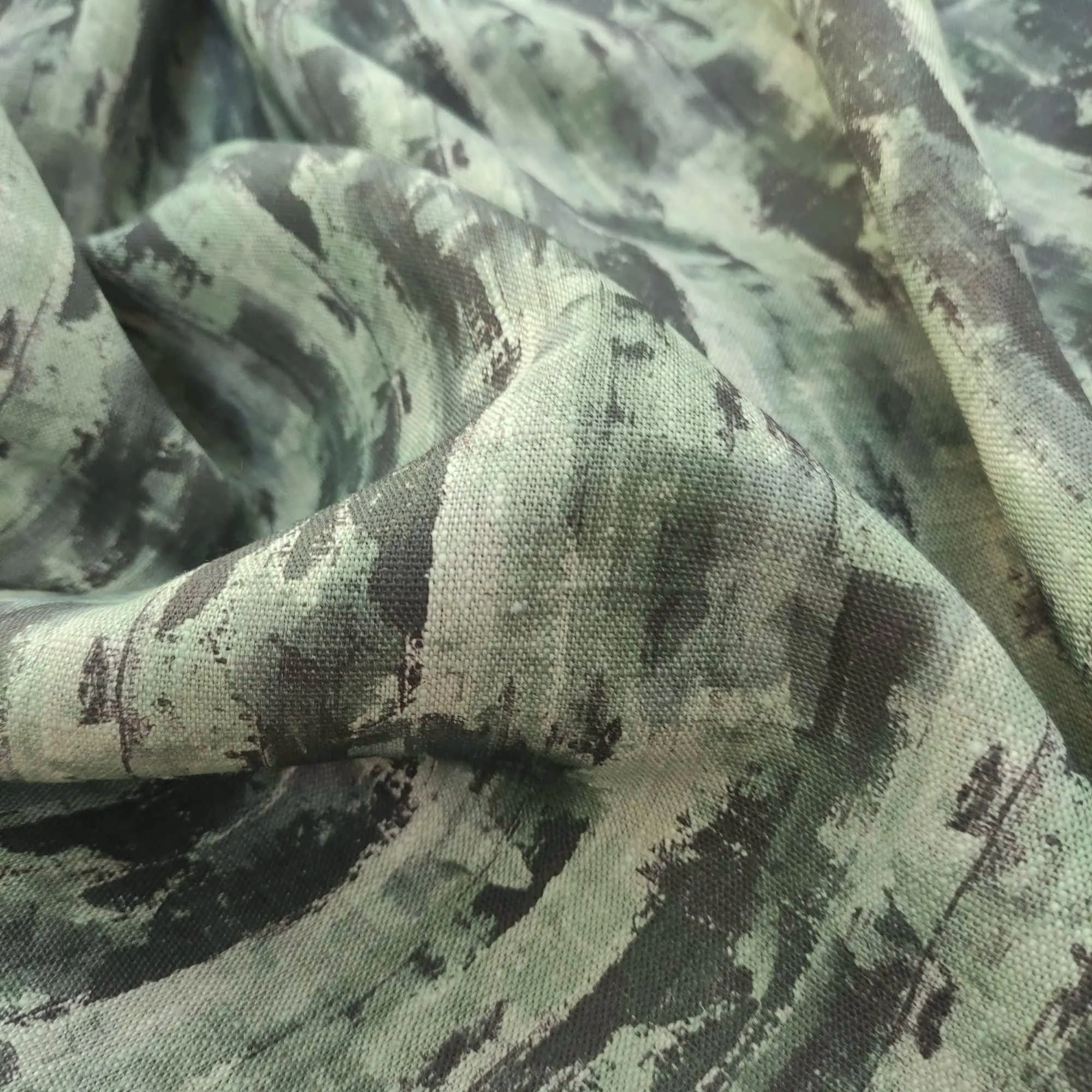 Linen fabric with Abstract WabiSabi  in green LL319P - 100% linen