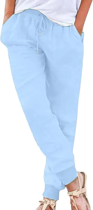 Linen Pants for Women Summer Casual Tapered Leg Pants Lightweight Drawstring Elastic Waist Pant Running Joggers Trousers