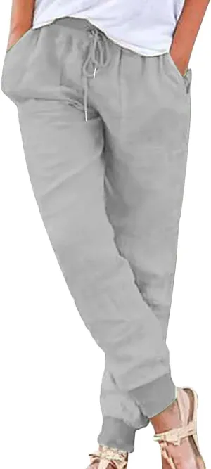 Linen Pants for Women Summer Casual Tapered Leg Pants Lightweight Drawstring Elastic Waist Pant Running Joggers Trousers