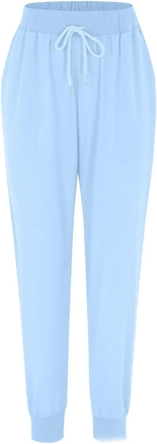 Linen Pants for Women Summer Casual Tapered Leg Pants Lightweight Drawstring Elastic Waist Pant Running Joggers Trousers