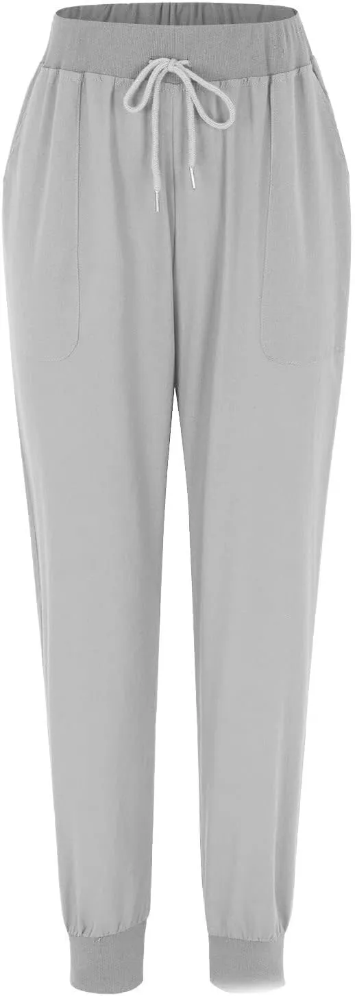 Linen Pants for Women Summer Casual Tapered Leg Pants Lightweight Drawstring Elastic Waist Pant Running Joggers Trousers