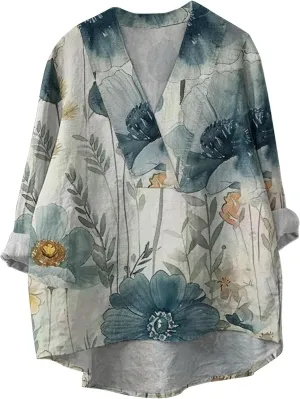Linen Shirt for Women Breathable Tops Autumn Fragrant Fabric Shirt Solid Color Basic 3/4 Sleeve Tops