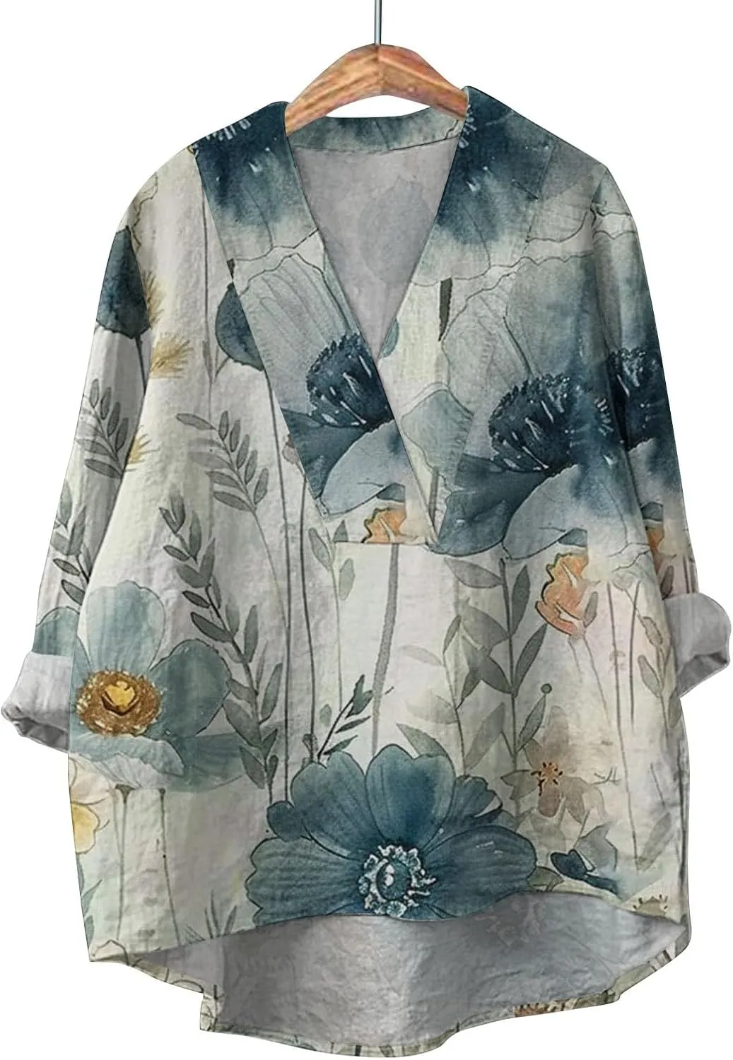 Linen Shirt for Women Breathable Tops Autumn Fragrant Fabric Shirt Solid Color Basic 3/4 Sleeve Tops