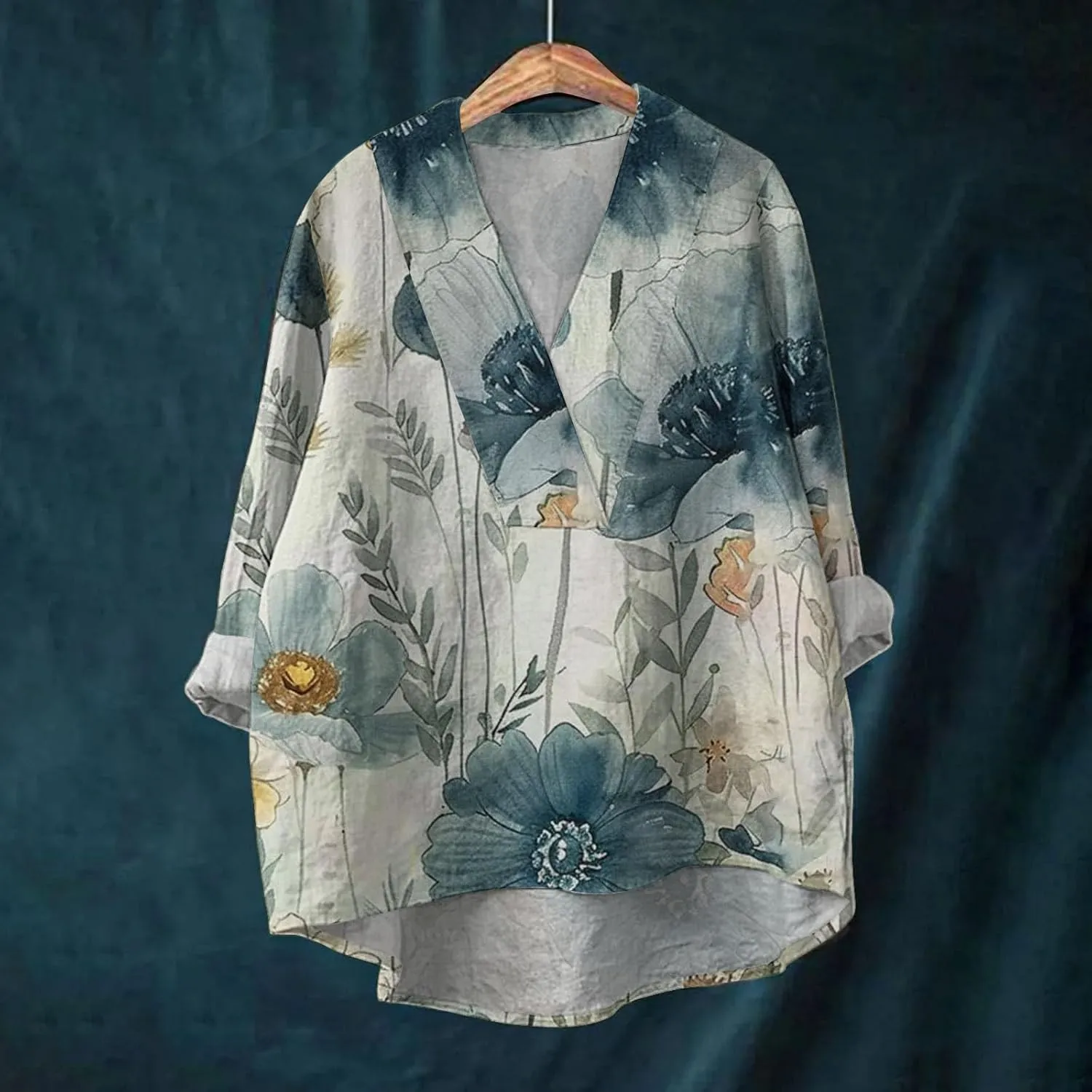 Linen Shirt for Women Breathable Tops Autumn Fragrant Fabric Shirt Solid Color Basic 3/4 Sleeve Tops
