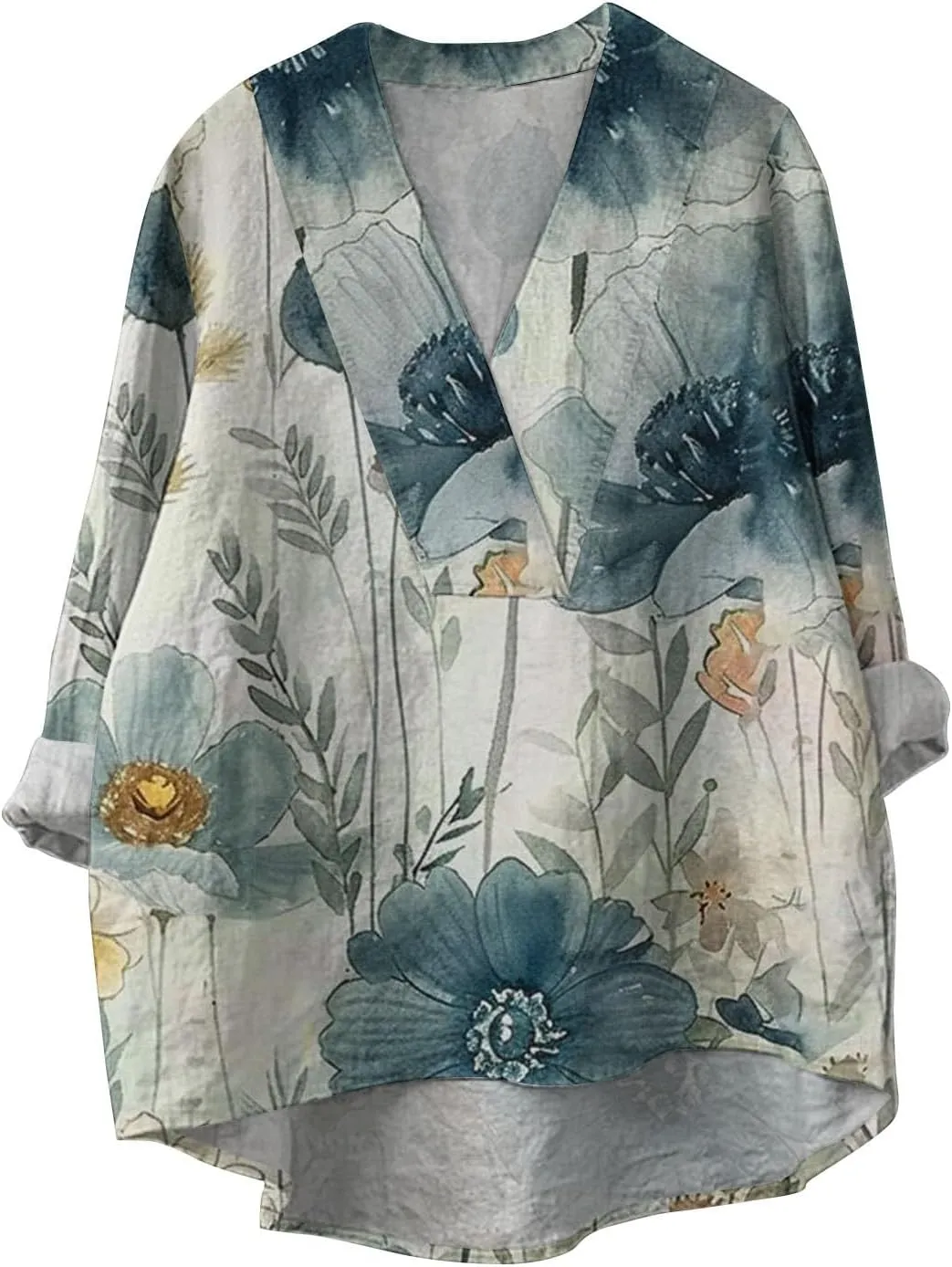 Linen Shirt for Women Breathable Tops Autumn Fragrant Fabric Shirt Solid Color Basic 3/4 Sleeve Tops