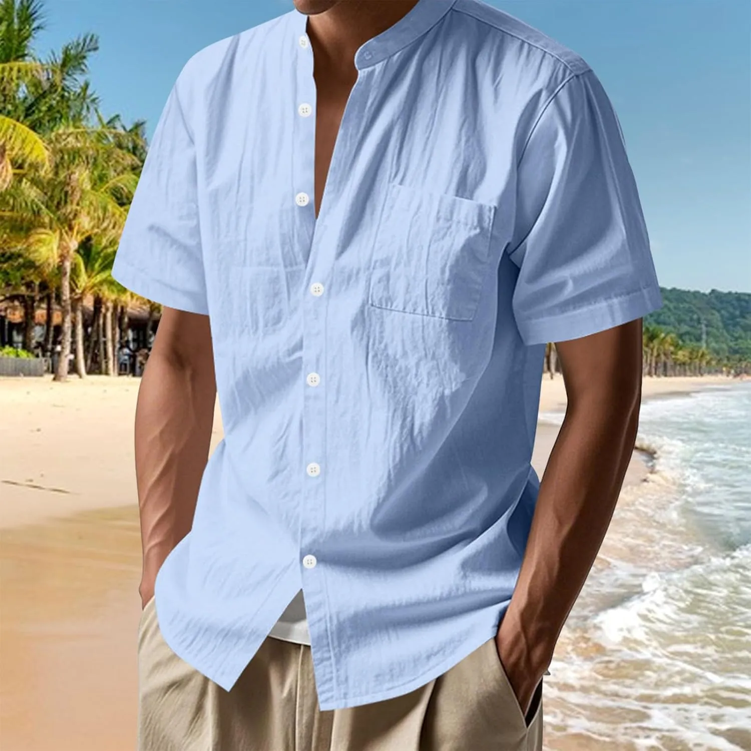 Linen Shirts for Men Beach Casual Short Sleeve Button Down Shirt Beach Summer Vacation Holiday Wedding Tops Pockets