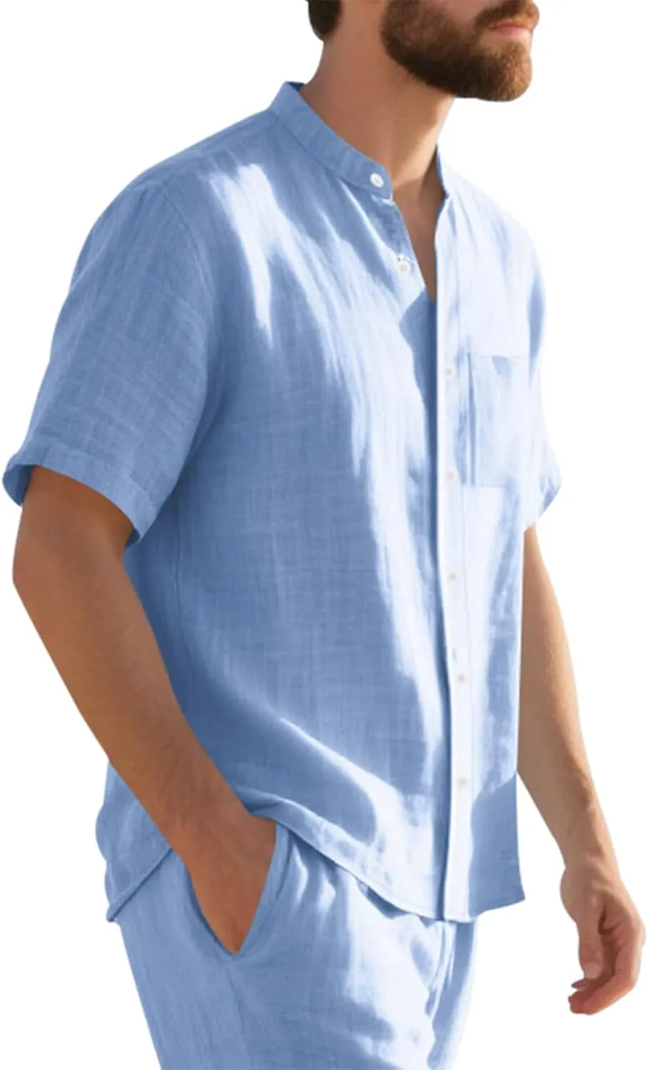 Linen Shirts for Men Beach Casual Short Sleeve Button Down Shirt Beach Summer Vacation Holiday Wedding Tops Pockets