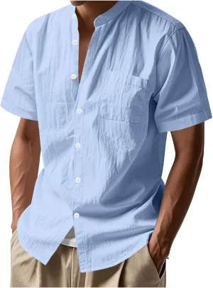 Linen Shirts for Men Beach Casual Short Sleeve Button Down Shirt Beach Summer Vacation Holiday Wedding Tops Pockets