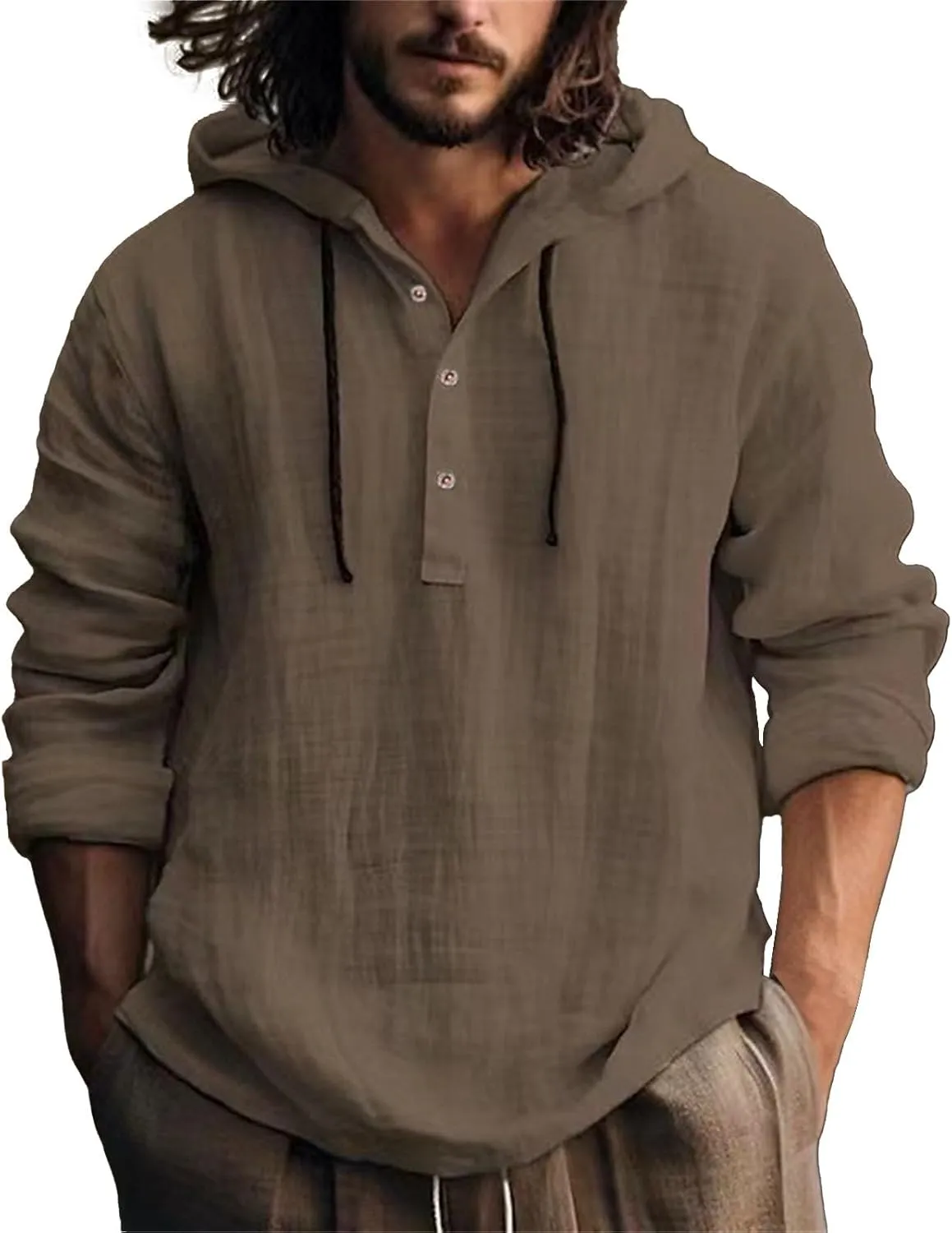 Linen Shirts for Men Lightweight Button Up Long Sleeve Shirts with Hood Regular Fit Cotton Beach Shirt