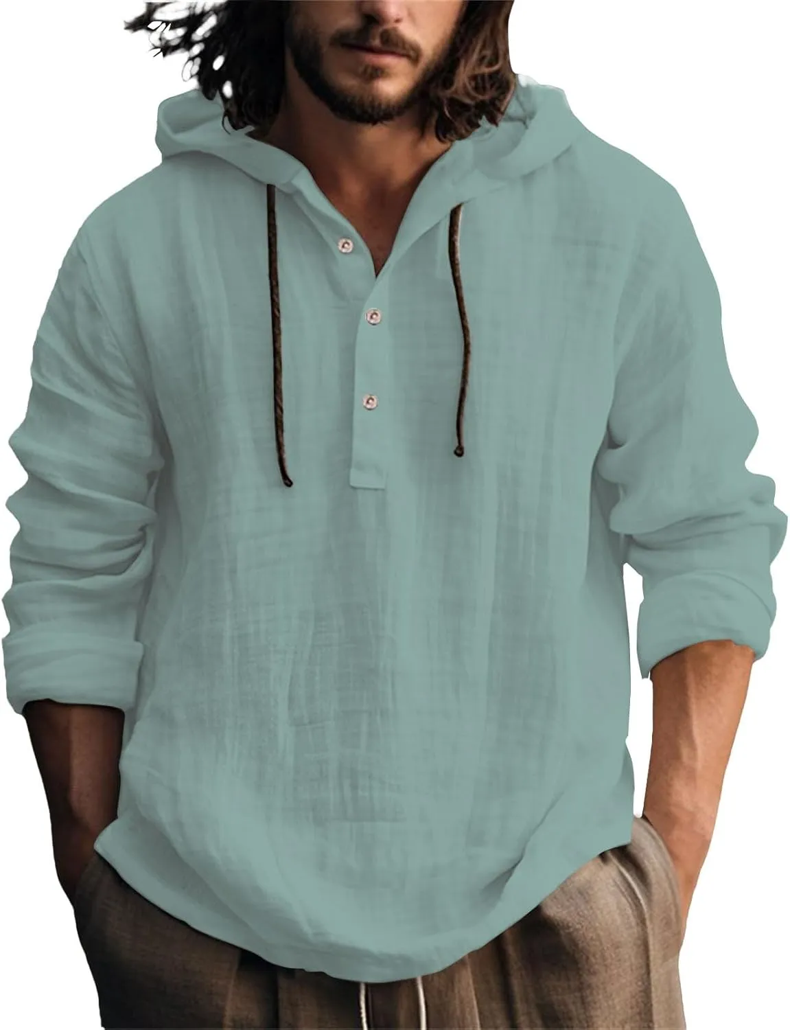 Linen Shirts for Men Lightweight Button Up Long Sleeve Shirts with Hood Regular Fit Cotton Beach Shirt