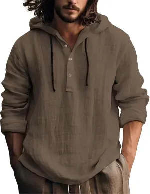 Linen Shirts for Men Lightweight Button Up Long Sleeve Shirts with Hood Regular Fit Cotton Beach Shirt