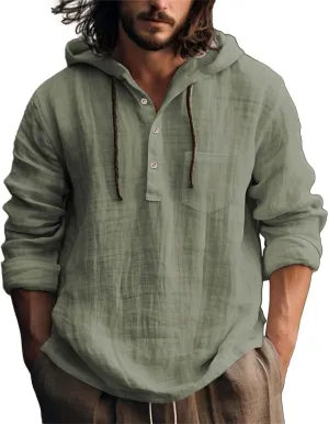 Linen Shirts for Men Lightweight Button Up Long Sleeve Shirts with Hood Regular Fit Cotton Beach Shirt