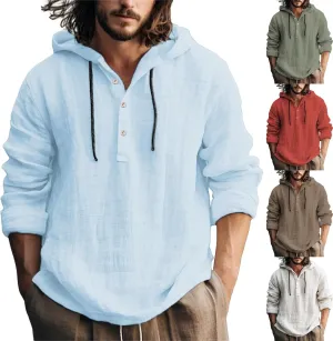Linen Shirts for Men Lightweight Button Up Long Sleeve Shirts with Hood Regular Fit Cotton Beach Shirt