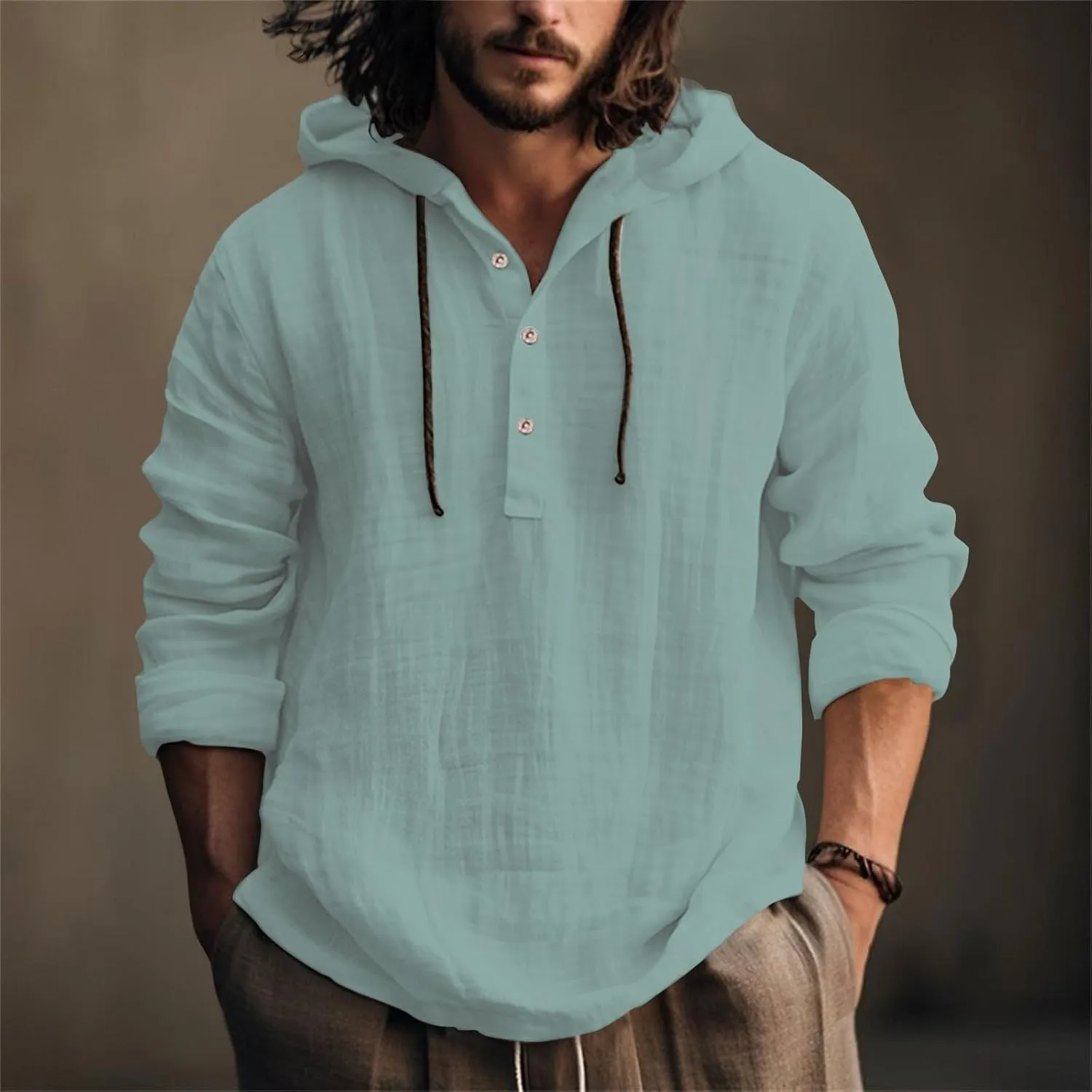 Linen Shirts for Men Lightweight Button Up Long Sleeve Shirts with Hood Regular Fit Cotton Beach Shirt