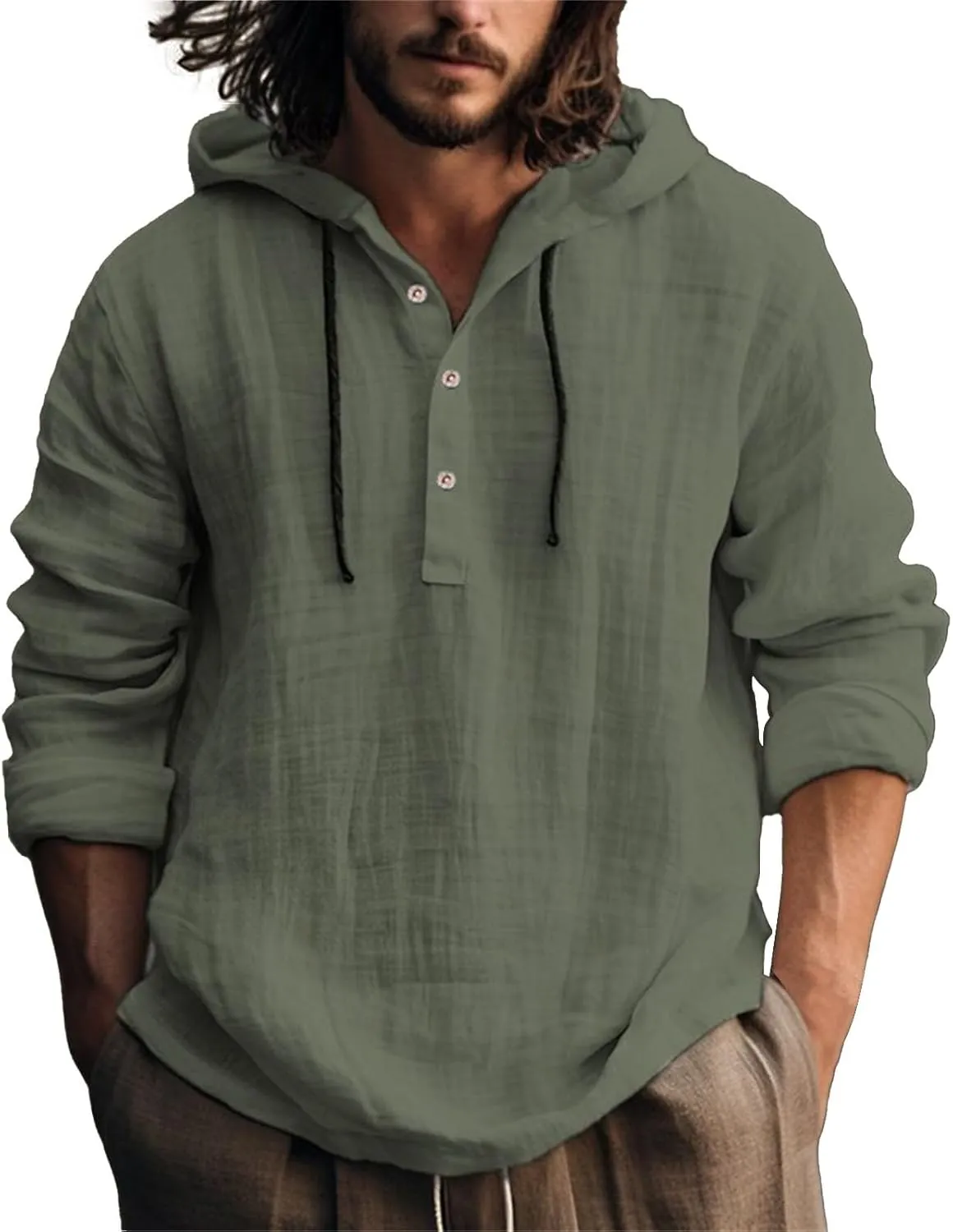 Linen Shirts for Men Lightweight Button Up Long Sleeve Shirts with Hood Regular Fit Cotton Beach Shirt