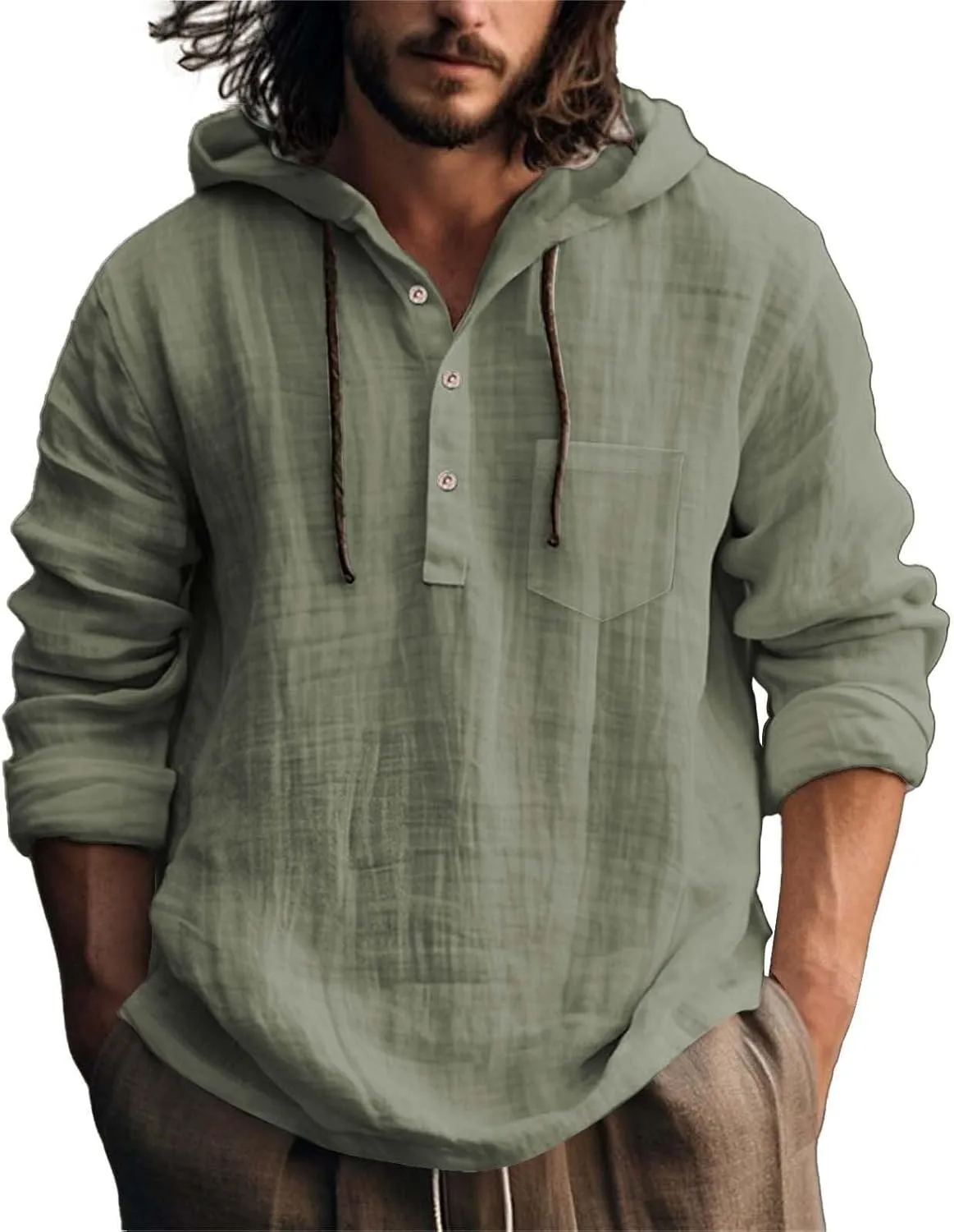 Linen Shirts for Men Lightweight Button Up Long Sleeve Shirts with Hood Regular Fit Cotton Beach Shirt