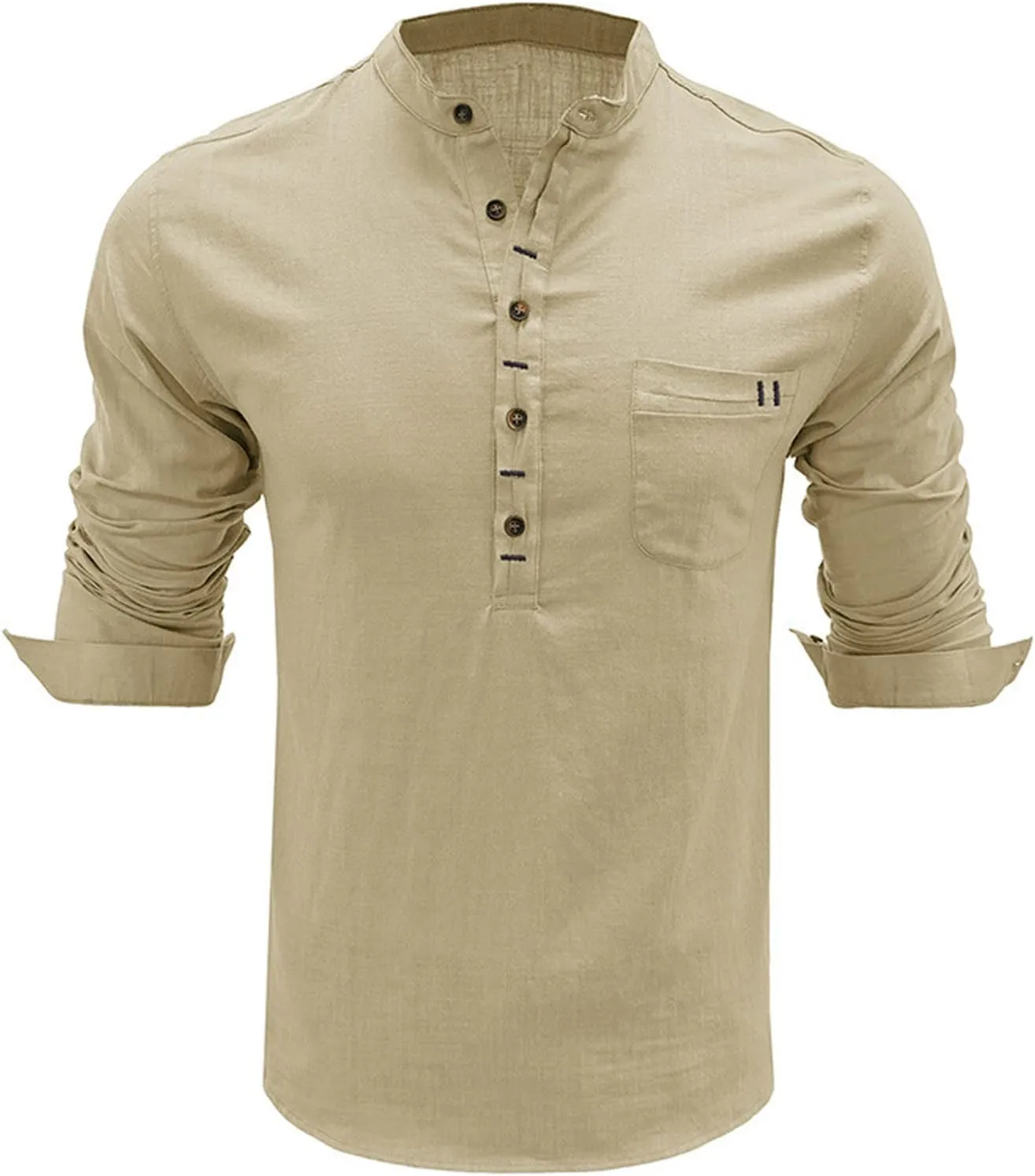 Linen Shirts for Men Slim Fit Solid Band Collar Button Long Sleeve Blouses Fitness Casual Shirt Tops with Pockets