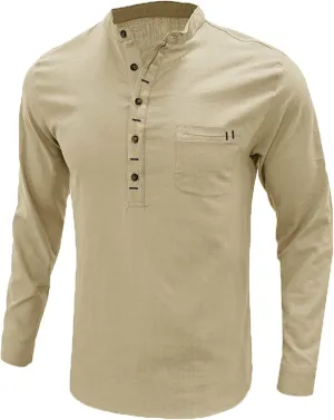 Linen Shirts for Men Slim Fit Solid Band Collar Button Long Sleeve Blouses Fitness Casual Shirt Tops with Pockets