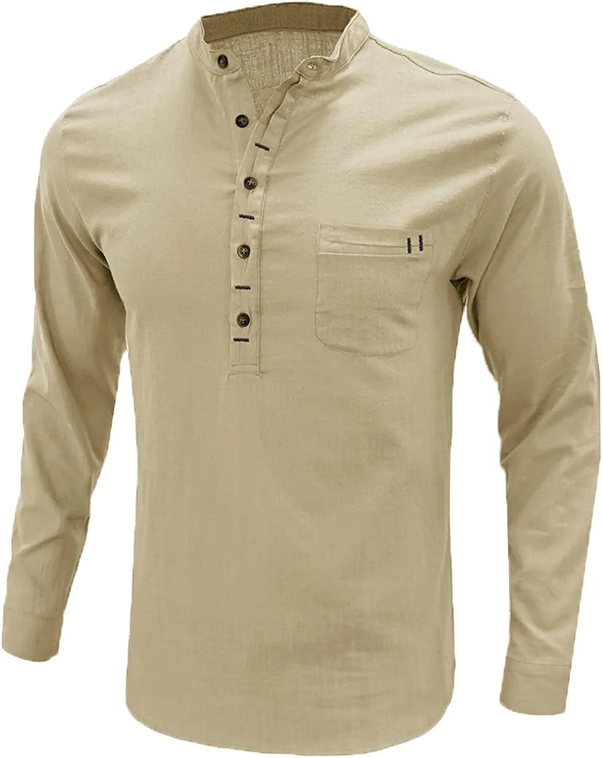 Linen Shirts for Men Slim Fit Solid Band Collar Button Long Sleeve Blouses Fitness Casual Shirt Tops with Pockets