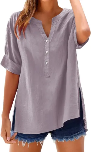 Linen Shirts for Women Button Down Shirts Short Sleeve Cotton Collared V Neck Solid Casual Blouses with Pockets